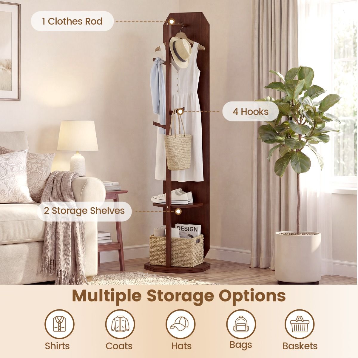 Coast Volledige Lichaamsspiegel met Standaard - 3-in-1 Garderobe - 360° Draaibaar - Walnoot