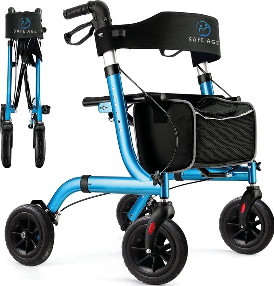 SafeLife® Rollator lichtgewicht en opvouwbaar - zitfunctie - voor binnen en buiten - Rugleuning en wandelstok houder - Blauw