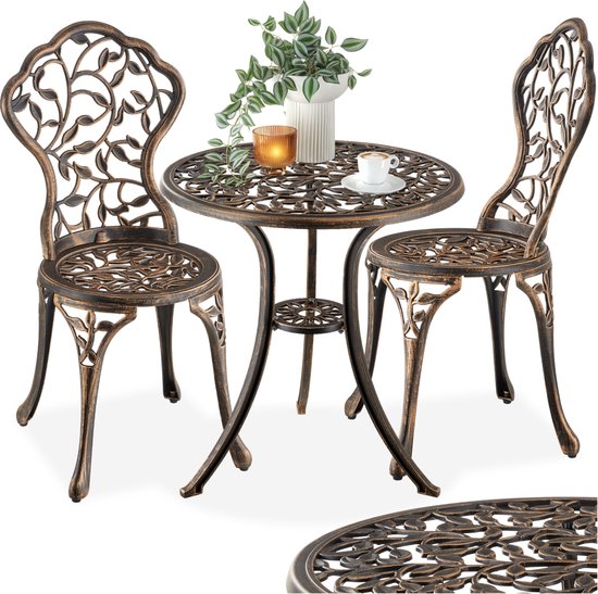 tectake® 2-Persoons Bistroset - Vintage Bistrotafel met 2 Bistrostoeltjes - Aluminium Bistro Set voor Tuin, Terras of Balkon - Weerbestendig - Bronskleurig