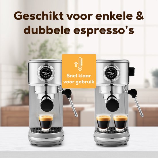 KitchenLove Pistonmachine - RVS Espressomachine - 20 Bar - Handmatig - Met Stoompijpje