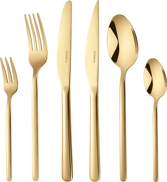 Deleca 6 Persoons Luxe RVS Bestekset Amor (36-delig) - Lepels, Messen, Vorken, Steakmessen & Gebaksvorkjes - Vaatwasserbestendig - Goud Design Bestek - 18/0 Edelstaal