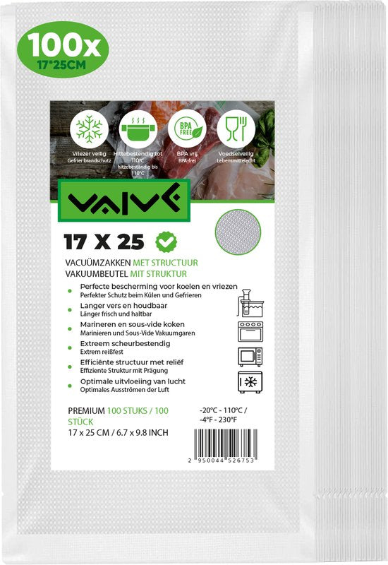 Vaive Vacuumzakken Voedsel 17 x 25 - 100 stuks - Vacumeerzakken - Vacuum / sous vide zakken - BPA vrij