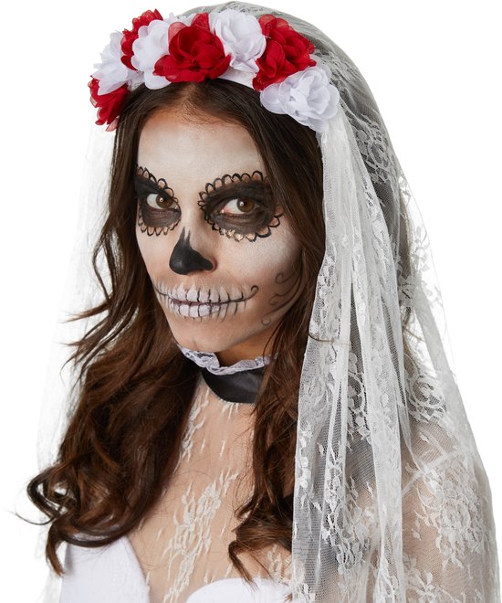 Dressforfun Griezelige skeletbruid L - verkleedkleding kostuum halloween verkleden feestkleding carnavalskleding carnaval feestkledij partykleding - 302007