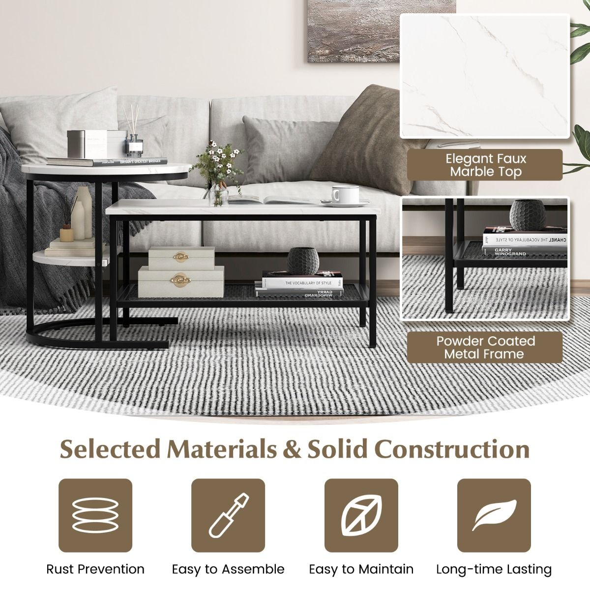 Coast Bijzettafelset - salontafel en bijzettafel - marmerlook tafelblad - zwart en wit