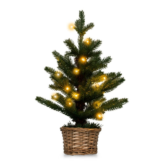 Coast Verlichte Kunstmatige Minikerstboom in Pot – 48 cm Hoog – Groen/Natuur – 96 Takuiteinden – 20 Warmwitte LED Lampjes – Timer – Rieten Pot