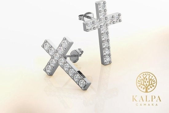 Yolora Dames Oorbellen Kruis - Kalpa Camaka Kristallen - Zilverkleurig - 18K Witgoud Verguld - Vrouwen Oorhangers Zilver - Sieraden - Luxe Giftbox - Geschenkdoos - Cadeau doos - Mooie Cadeauverpakking - Moederdag Cadeautje