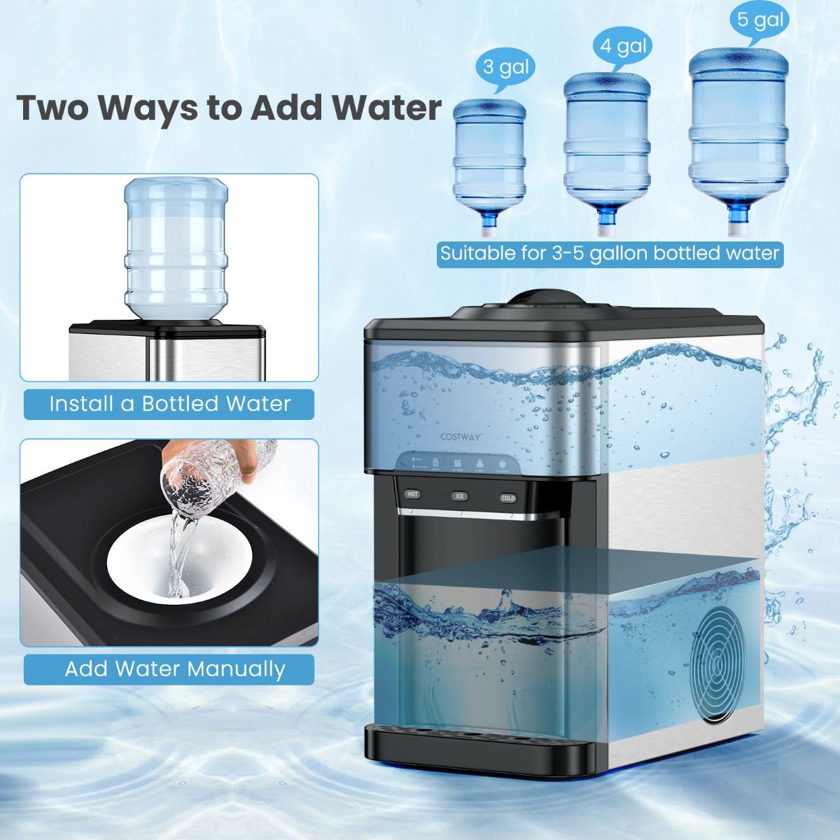 Coast 3-in-1 Waterdispenser met IJsmaker – Aanrechtmodel 28x43x48 cm – Zilver/Zwart – Warm/Koud/IJsfunctie