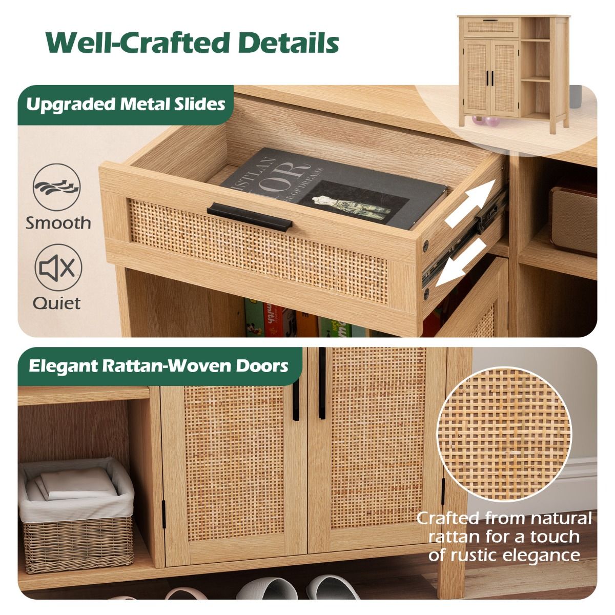 Coast Houten Dressoir - Rotan deuren en lade - Verstelbaar rek - Naturel 75 x 30 x 80 cm