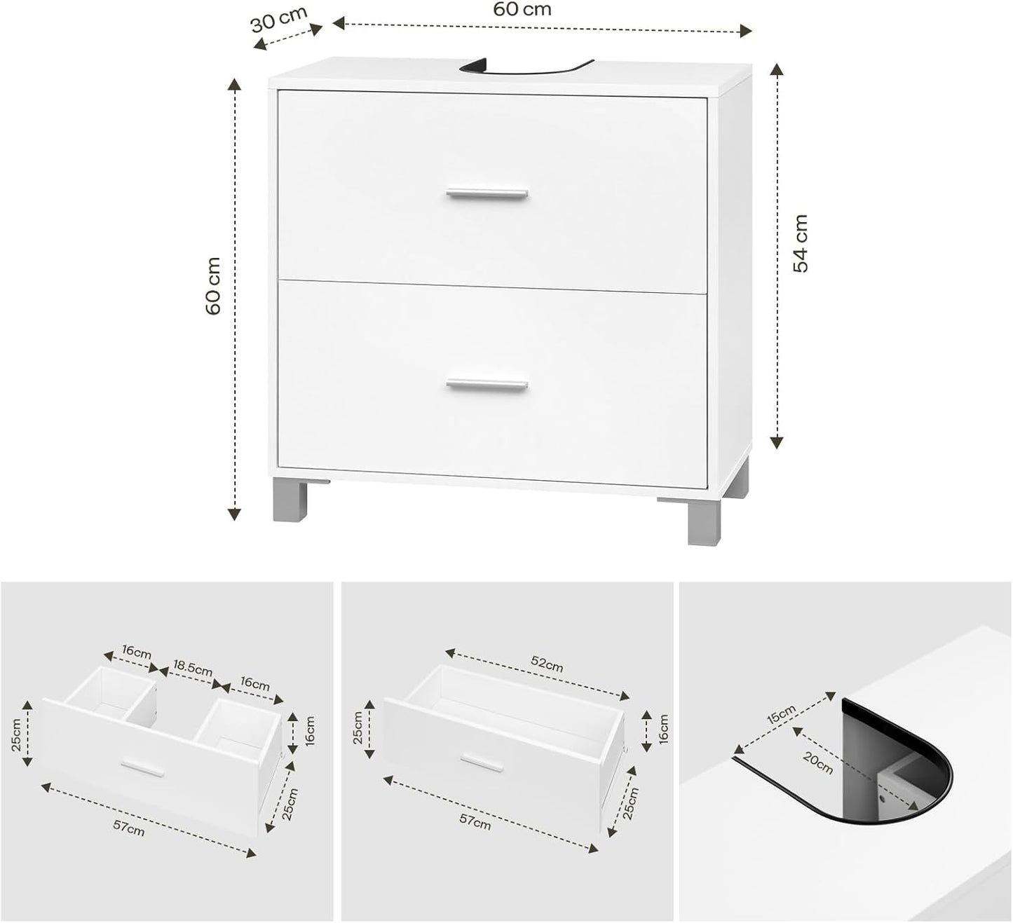 eSituro Wastafelonderkast met 2 Laden - Badkamermeubel met Sifonuitsparing - Wit - 60 x 30 x 60 cm