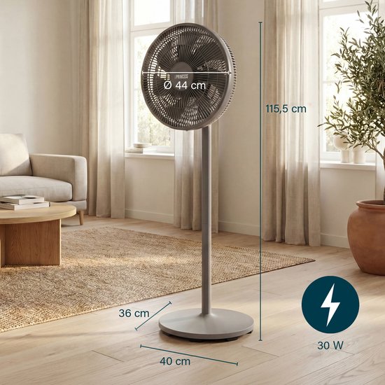 Princess DC Staande Ventilator – Extra Stil - ⌀44cm – 12 Snelheden – Oscillatie – Timer 1-8uur – Met Afstandsbediening – 30W – Grijs - 354822