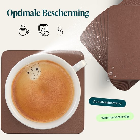 Castagnola Kunstlederen Onderzetters – Onderzetters voor Glazen – Design Onderzetters met Houder – Leren Onderzettersset met metalen houder – Leder – Set van 10 - Bruin - 10x10cm