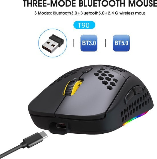 HXSJ T90 2.4G Draadloze Gaming Muis - Bluetooth - Computermuizen - Ultra licht - RGB Verlichting - Zwart