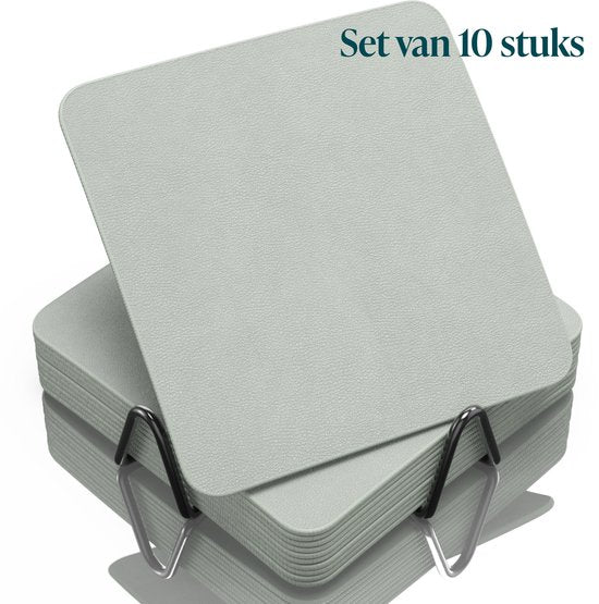 Castagnola Kunstlederen Onderzetters – Onderzetters voor Glazen – Design Onderzetters met Houder – Leren Onderzettersset met metalen houder – Leder – Set van 10 - Lichtgroen - 10x10cm