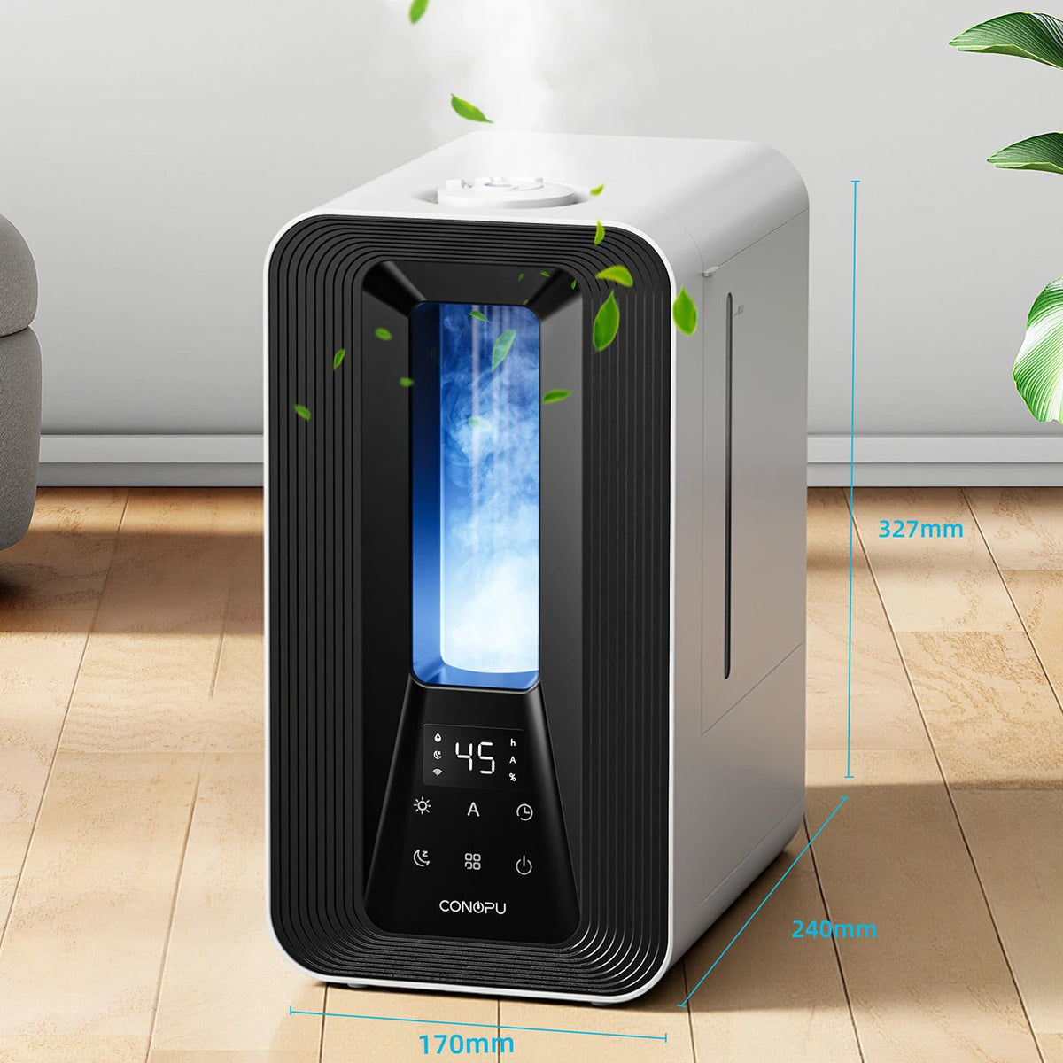 Conopu Ultrasone Luchtbevochtiger 5L - Smart Humidity Control - 360° Sproeikoppen - Aroma Diffuser - LED Sfeerverlichting - Zwart - 170x240x327mm