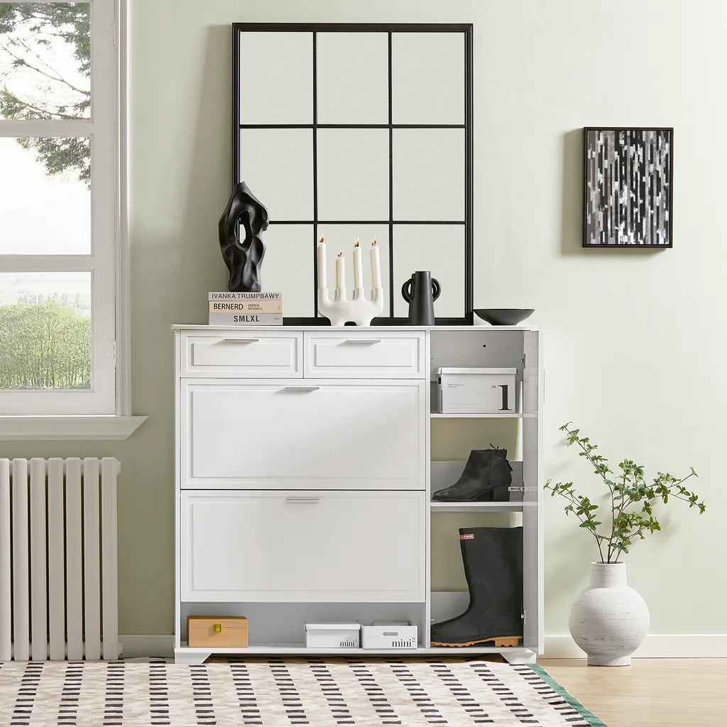 SoBuy Schoenenrek - Schoenen Opbergkast, Schoenencommode, met 2 Kleppen, 2 Lades, 1 Deur en 1 Open Compartiment- Max. 60kg - 102x96x24cm - Wit