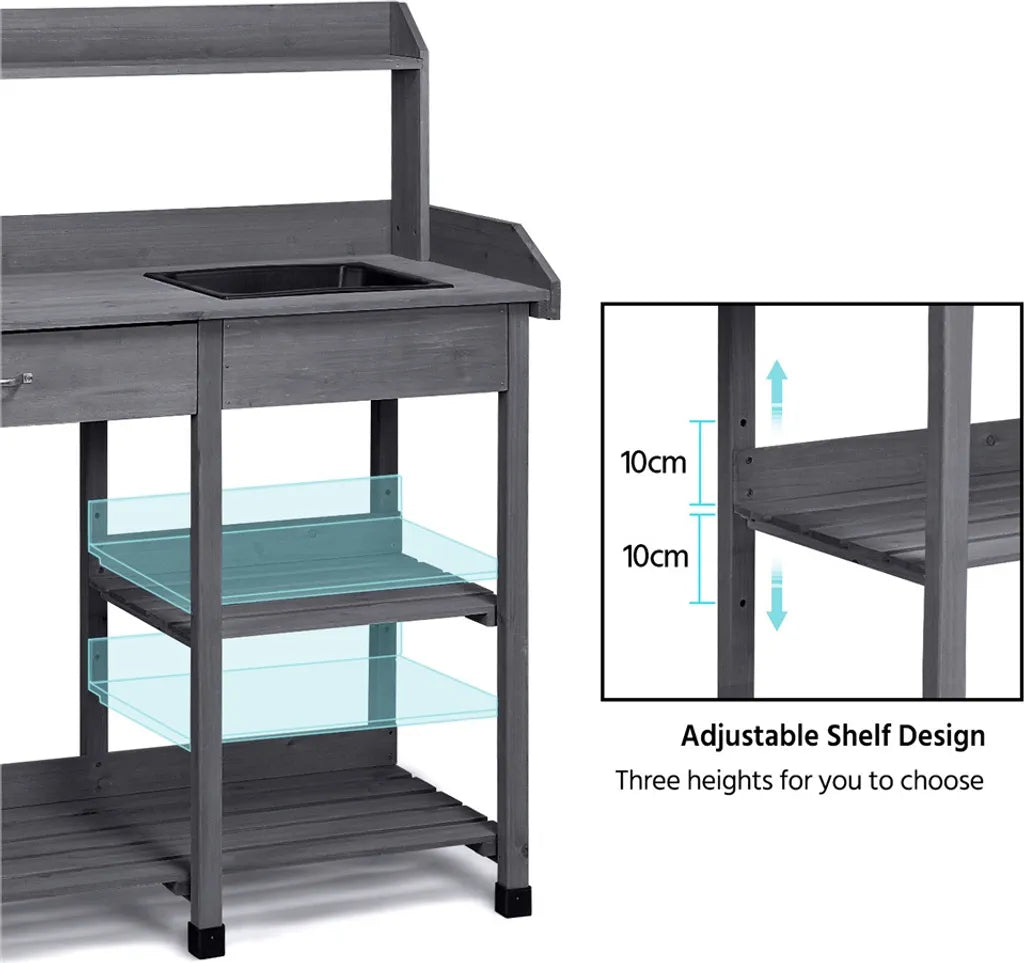Yaheetech Oppottafel met Spoelbak 114,8 x 45 x 121 cm - Grijs - Houten Planttafel met Lade en Verstelbare Plank