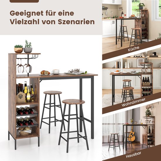 Coast Bartafel met barkruk, set voor 2 personen, met houders voor wijnglazen en flessen, toog voor woonkamer, eetkamer en keuken (koffiekleurig)