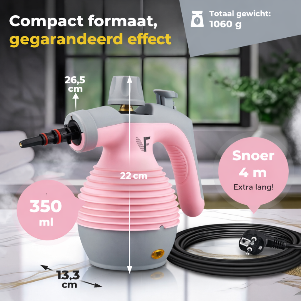Hand stoomreiniger - Stoomregeling - Inclusief 10 accessoires - 350 ml tank - Roze