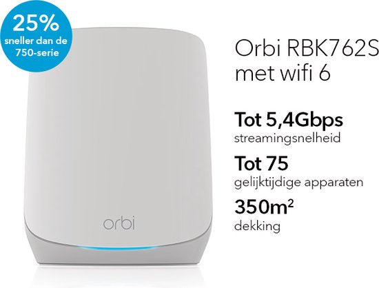 NETGEAR Orbi RBK762S - Mesh WiFi - WiFi Versterker - WiFi 6 - 5400 Mbps - Tri-Band - 2-Pack