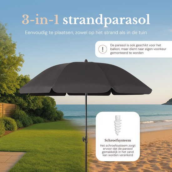 O’DADDY® Parasol Set – Kantelbaar & Verstelbaar – Waterdicht – UV-Bestendig – Met Grondboor & Draagtas – Strand, Tuin & Balkon – 180 cm – Donker Grijs