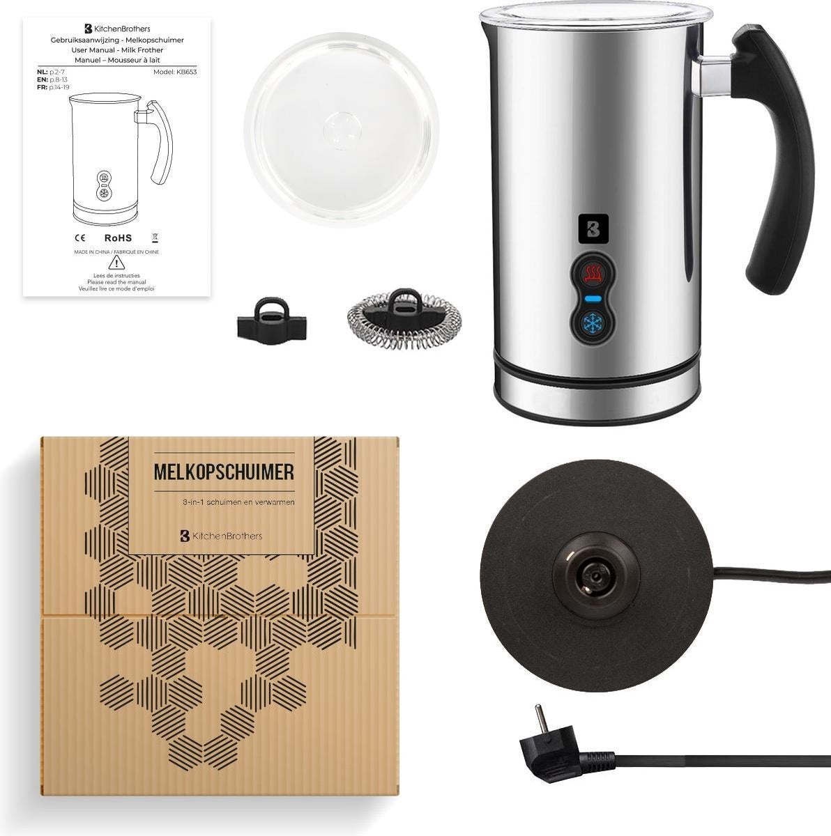 KitchenBrothers Elektrische Melkopschuimer - 240 ML - Handige Melkschuimer - RVS/Zwart
