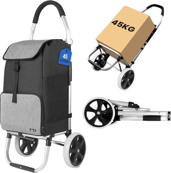 TTD® Boodschappentrolley met Steekwagenfunctie - Opvouwbaar Frame - 45L - Ruime Zijvakken - Boodschappenwagen - Waterdicht - All-Terrain Wielen - Boodschappenkar