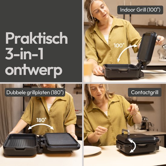 Gadgy Contactgrill 180° Draaibaar – 3-in-1 - Tafelgrill & Paninimaker – 1400W – Met Uitneembare Antiaanbakplaat en Openklapbaar – Temperatuurregelaar – Vetarm Grillen - Cooltouch