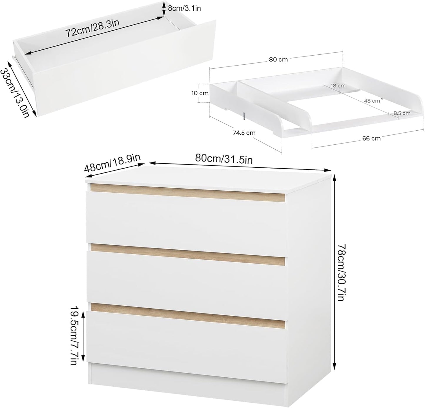 Woltu Luiercommode met aankleedopzetstuk – 80x48x78 cm – Wit en Eiken – 3 Lades – Ergonomisch 86 cm Werkhoogte