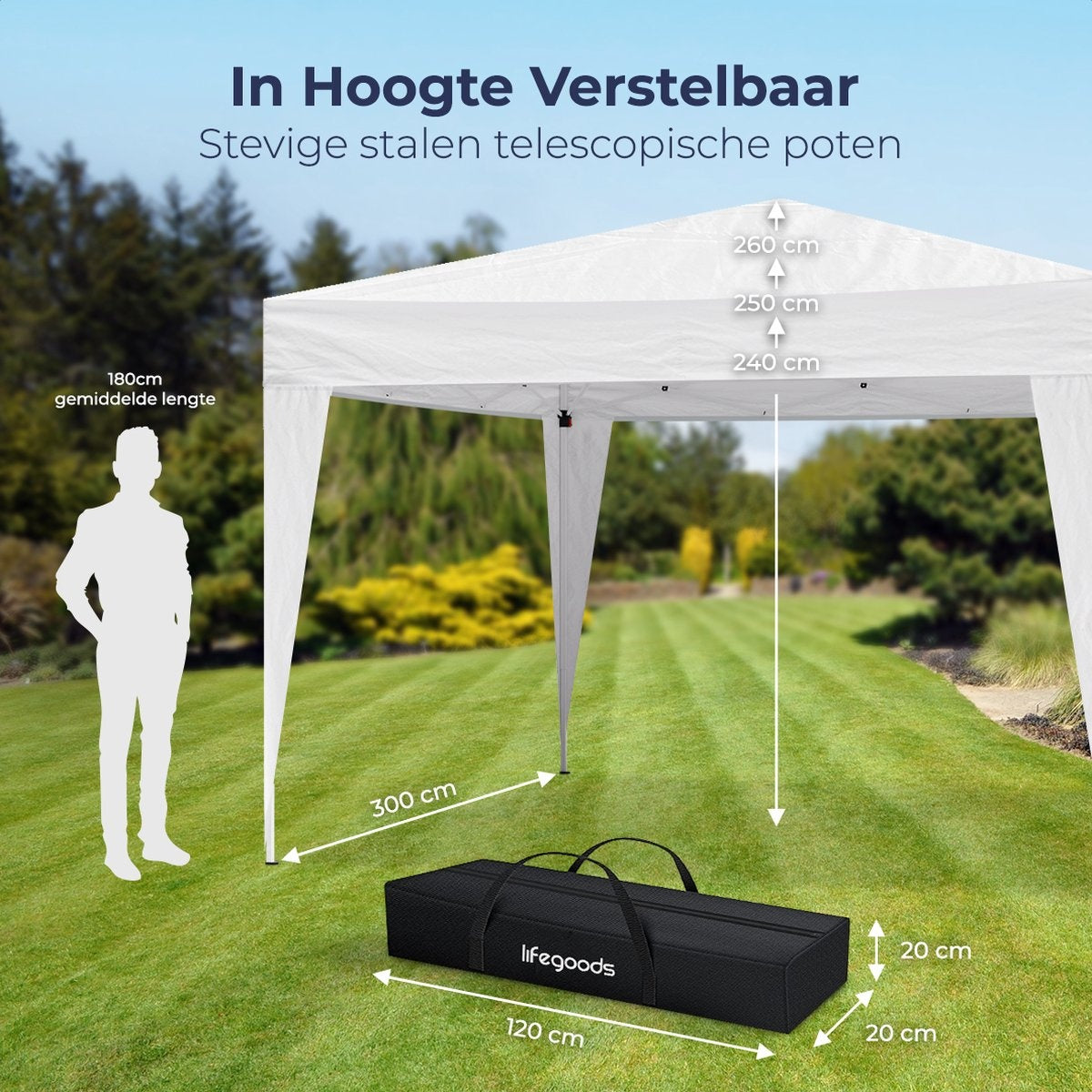 LifeGoods Partytent - Paviljoen - EasyUp - Opvouwbaar - Waterdicht - Met Draagtas - 300 x 300 cm - Blauw