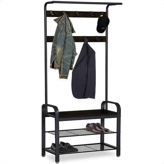 Goliving Kapstok – Garderoberek – Halmeubel – Schoenenrek – Schoenenkast – Industriële kast – Metaal/Hout – 72 x 34 x 183 cm – Zwart