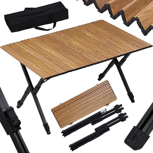 Woltu Opvouwbare Campingtafel - Aluminium, Verstelbaar in Hoogte, Houtlook, Inclusief Draagtas