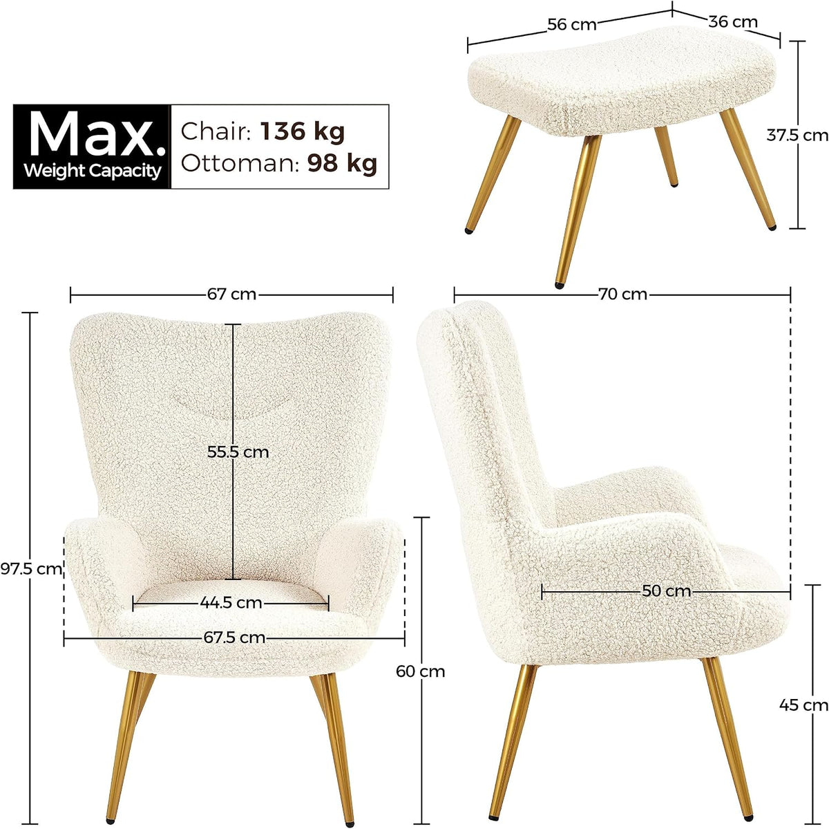Yaheetech Oorfauteuil met Voetenbank – Teddy Stof – Ivoorwit – 67,5 x 70 x 97,5 cm