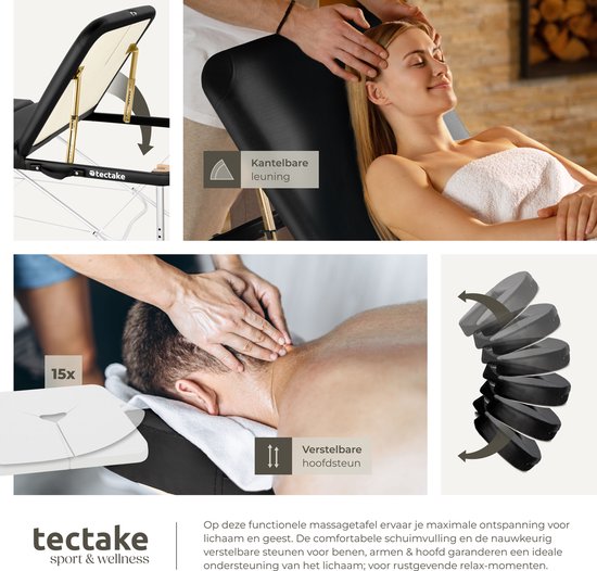 tectake® 3 Zones massagetafel - Behandeltafel incl. draagtas - 5 cm dikke vulling - Aluminium frame - 78 cm breed - 230kg draagvermogen - Incl. 15 hoofdsteundoekjes - Zwart
