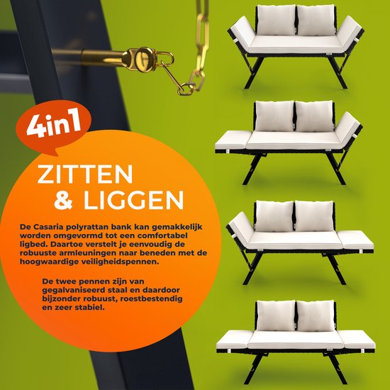 Casaria Polyrattan Tuinbank – 176 cm Verstelbaar Incl. Kussens – Zwart