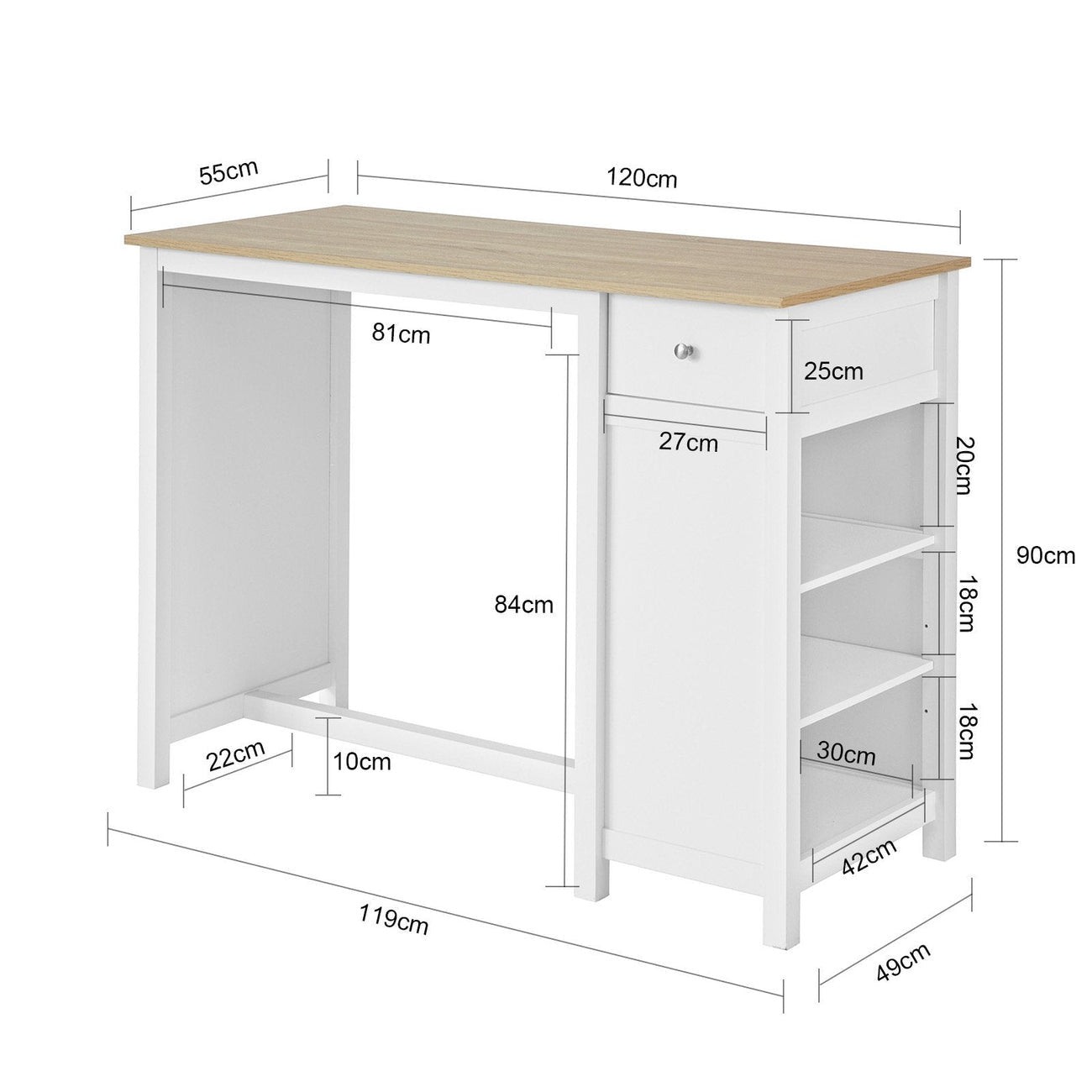 SoBuy Keukentafel met opbergplanken - 120 x 55 x 90 cm - Wit