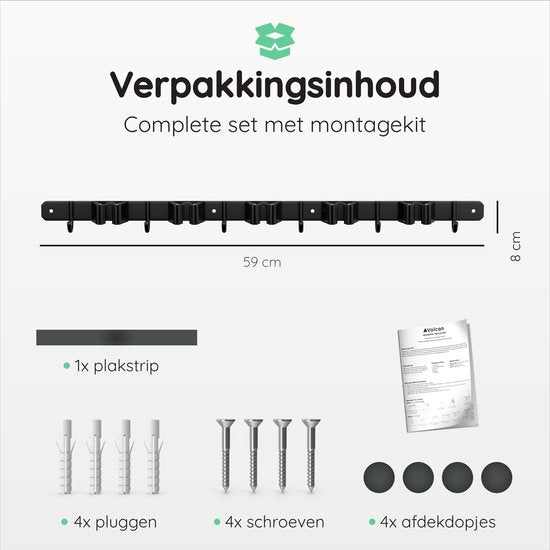 Volcan Bezemhouder - Bezem Ophangsysteem Tuingereedschap - Gereedschapshouder - 3M Tape - 5 Houders 6 Haken - RVS Zwart
