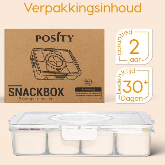 Posity Snackbox - Snackdoos met Vakjes - Met Deksel en Handvat - 8 Vakken - Voor Onderweg - Vershouddoos - Kunststof - Wit