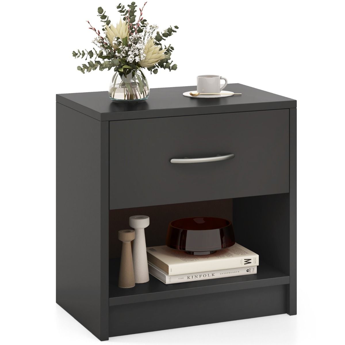 Coast Nachtkastje met lade - open opbergplank - compact ontwerp - 38,5 x 28 x 40,5 cm - bruin en zwart