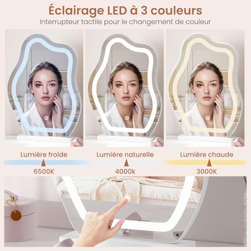 Woltu Onregelmatige Wolkvormige Make-up Spiegel - LED Verlichting met 3 Lichtstanden - Verstelbare Helderheid - 40 x 54 cm - Wit