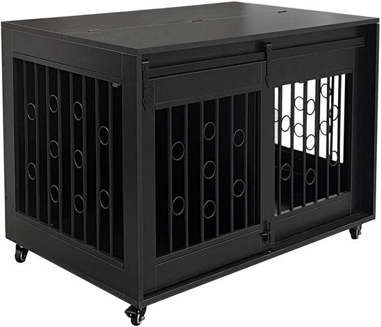 Hondenhok op wieltjes - bench voor 2 honden verrijdbaar - hondenbech - voor puppy en kleine honden - 2 afzonderlijke ruimtes