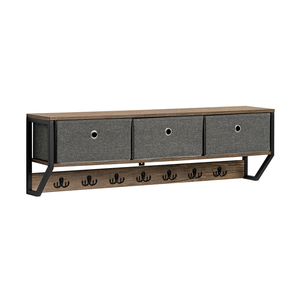 SoBuy Wandgarderobe - Hangrek met 3 manden en 7 haken - Max. 22KG - 100 x 20 x 30 cm - Houtkleur