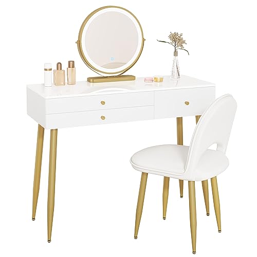 Woltu Make-up Tafel MB6105ws met Kruk en LED Spiegel - Houten Make-up Bureau met Verstelbare Verlichting, 3 Lades, Fluwelen Stoel met Rugleuning - Wit, Crème en Goud - 100x40 cm