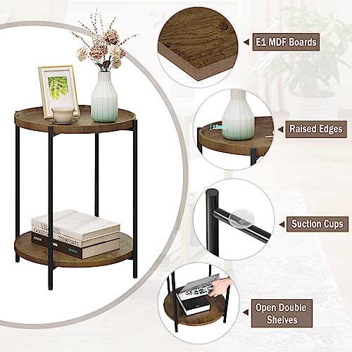 Woltu Ronde Salontafel met 2 Planken - Vintage Houtlook - MDF en Metaal - Ø 43,2 cm