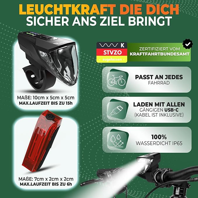 MIVELO Fietsverlichting Set – USB Oplaadbaar & Waterdicht – 70 Lux – Zwart