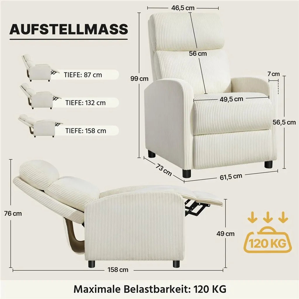 Yaheetech Relaxstoel van Cordstof met Verstelbare Voetsteun - Beige - 61,5 x 87 x 99 cm - Max. 120 kg
