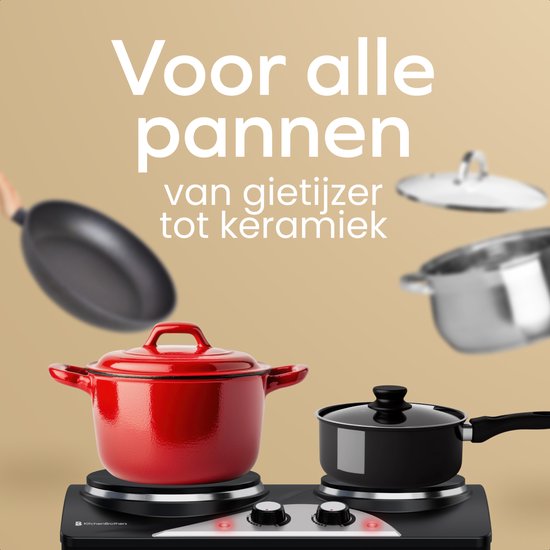 KitchenBrothers Elektrische Kookplaat - 2 Pits - Vrijstaand - 7 temperatuurstanden - 1500W + 1000W - Zwart