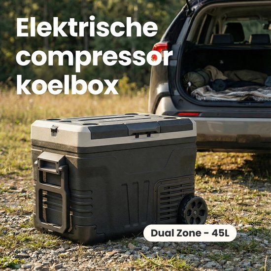 Auronic Elektrische Koelbox - Compressor - 2 Zones - 45L - 12/24V en 240V - Koelen en Vriezen - Camping Koelkast - Frigobox Auto - Met Wielen en Hendel - Zwart