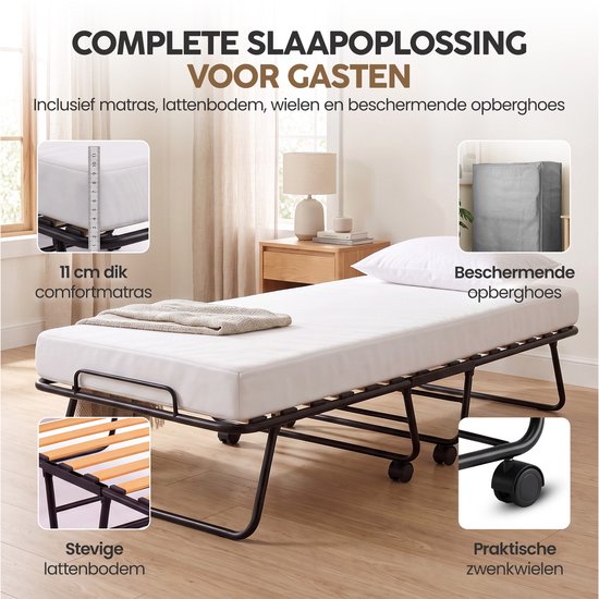 Infinity Goods Opklapbed Comfort 90 x 200 CM - Logeerbed - 1 Persoons - Vouwbed - Matras & Lattenbodem - Incl. Beschermhoes