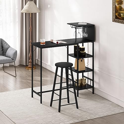 Woltu Bartafel met 4 Planken en 2 Bekerhouders - Zwart - 125,5 cm Hoogte, 108,5 x 40 cm Tafelblad