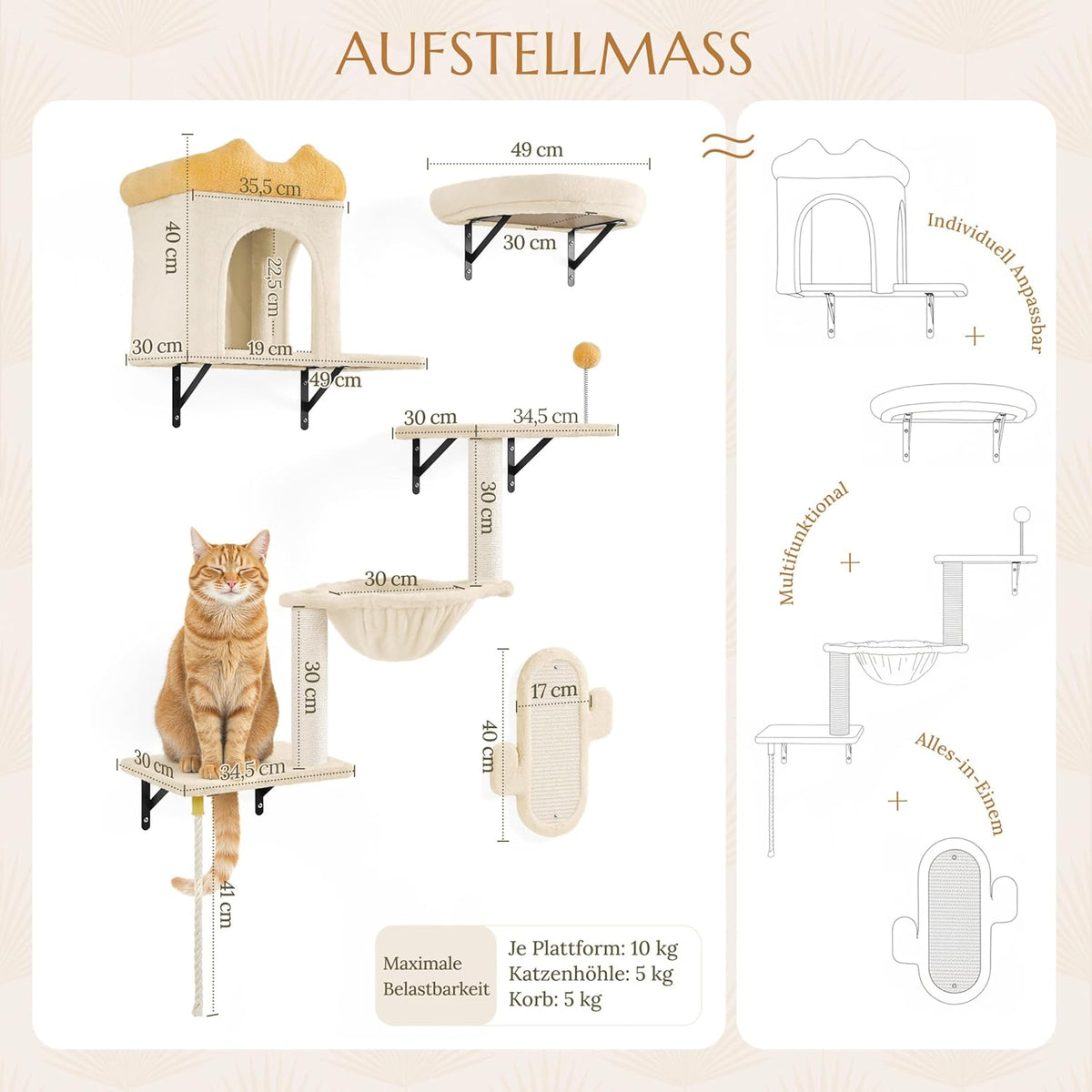 Yaheetech Klimwand Voor Katten - 4-Delig - Met Krabgedeelte En Mandje - Beige